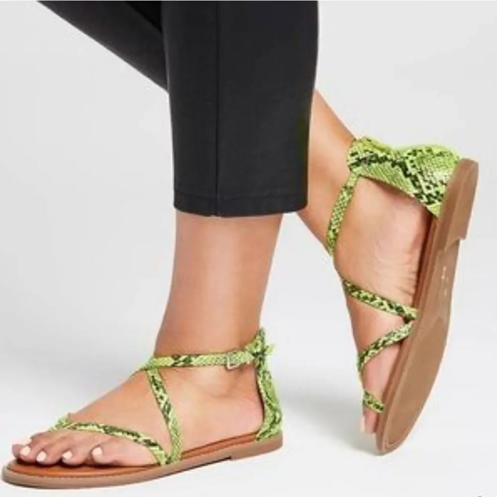 MIX NO.6 SNAKE SKIN ANKLE ADJUSTABLE BUCKLE THREE BAND WOMEN"S SANDAL